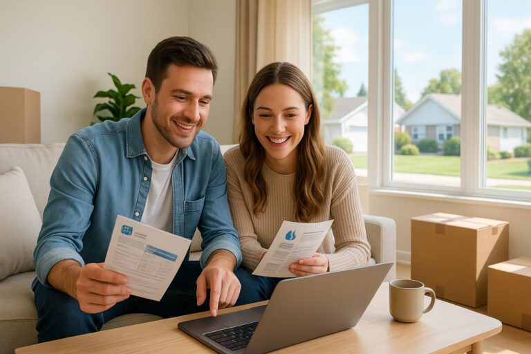 First-time Grand Rapids homebuyers reviewing a utility setup checklist in their new living room with local utility brochures and moving boxes.