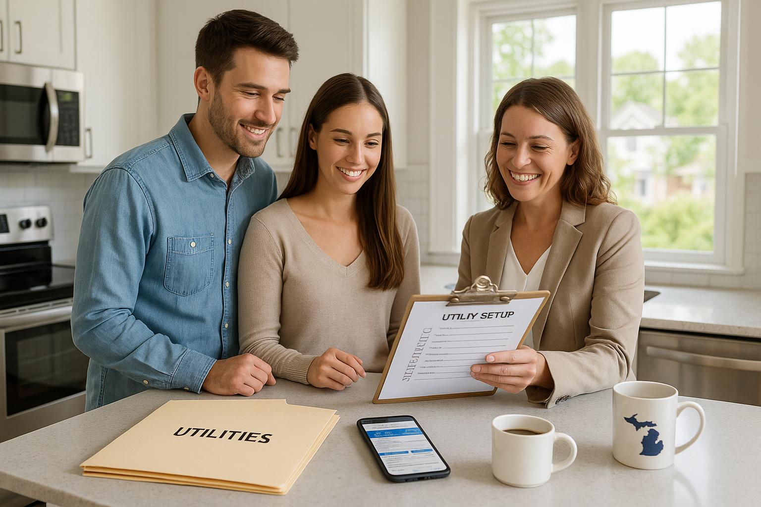 A Grand Rapids homebuyer couple reviews utility setup steps with their real estate agent in a sunlit kitchen before move-in.