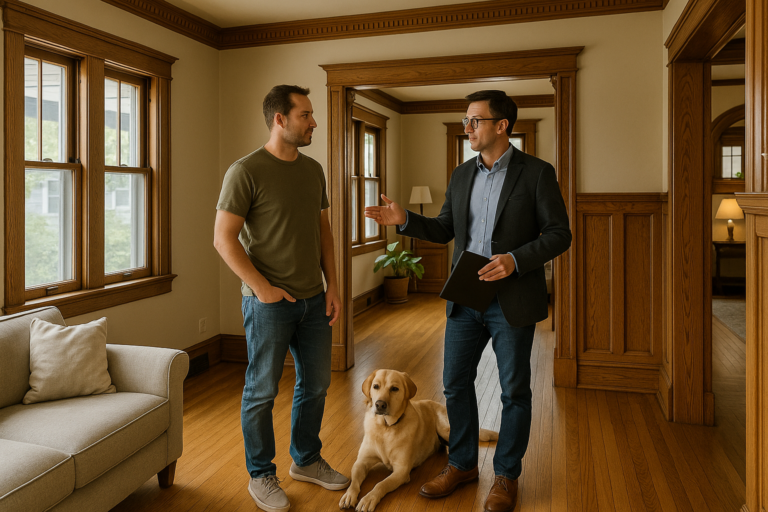 A homeowner and real estate agent discuss the original woodwork in a bright living room of a classic East Grand Rapids home.