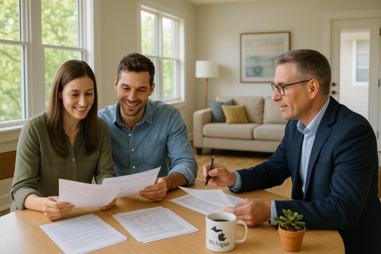 A Grand Rapids couple and their agent review HOA fee documents at a sunny condo kitchen table.