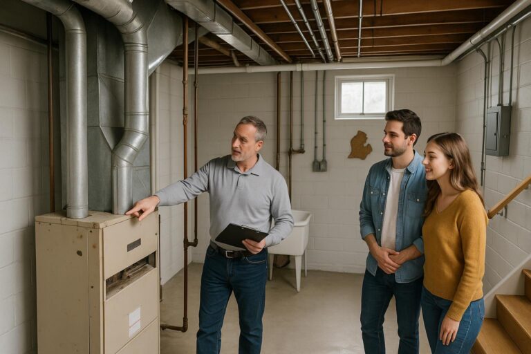 A home inspector and buyers examine an old furnace and pipes in a bright, tidy Grand Rapids basement, discussing the condition of older mechanical systems.