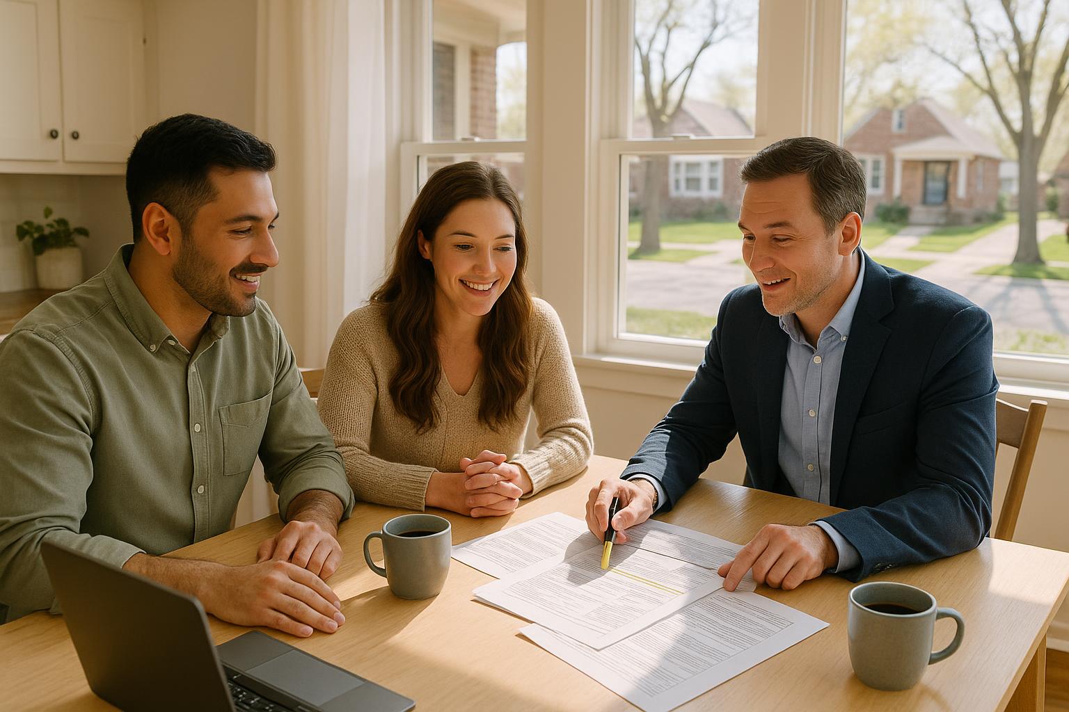 Grand Rapids homebuyers and agent reviewing city permit records at a kitchen table