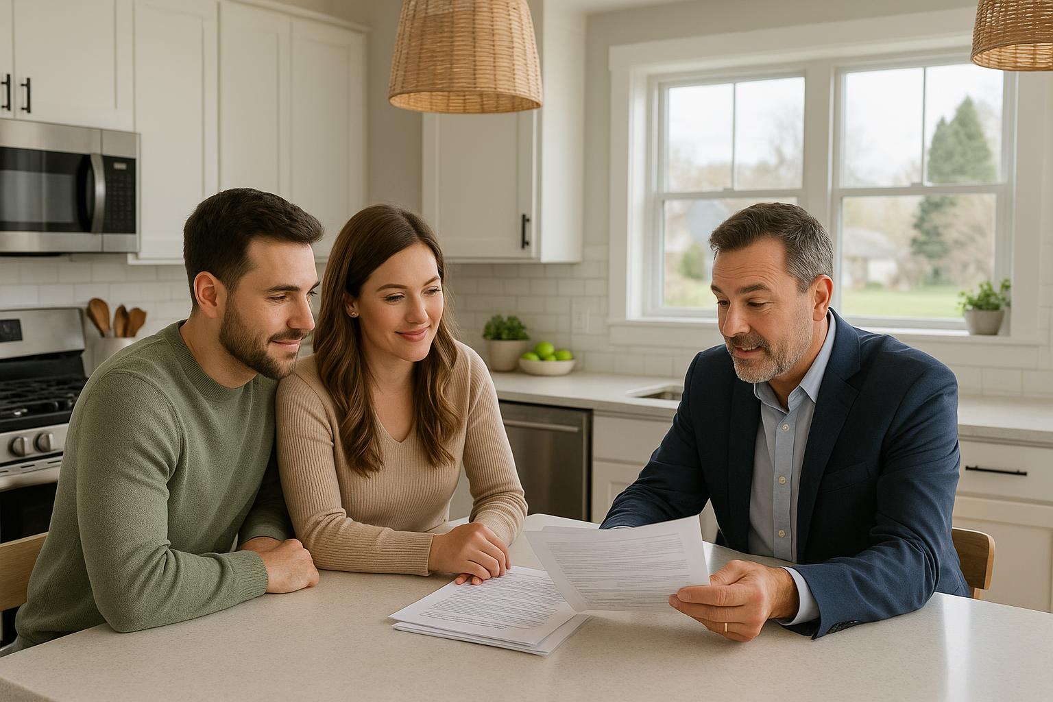 A Grand Rapids couple reviews owner’s title insurance documents with their agent at a bright kitchen island during a home closing.
