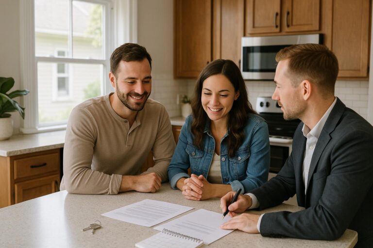 Grand Rapids home buyers discussing possession timing with a real estate agent at a kitchen island, calendar and keys in view, in a bright West Michigan home.