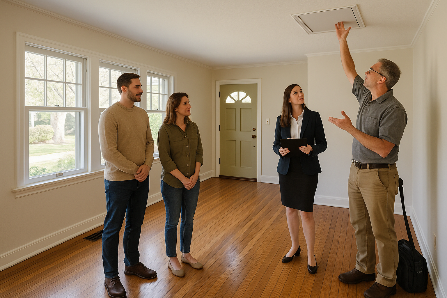 East Grand Rapids sellers and agent meeting with a home inspector in an older painted siding home near Reeds Lake, reviewing attic access during a pre-listing inspection.