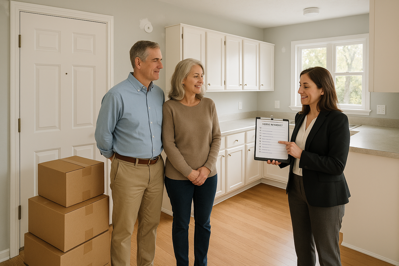 East Grand Rapids sellers and their agent complete a pre-closing walkthrough in a well-kept home with moving boxes and visible minor repairs.