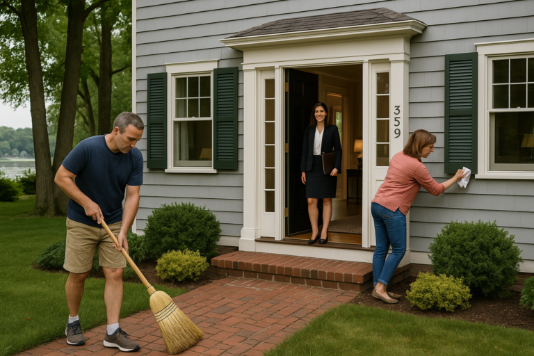 East Grand Rapids homeowners preparing their classic home for a private showing with their real estate agent by the door and Reeds Lake visible in the background.