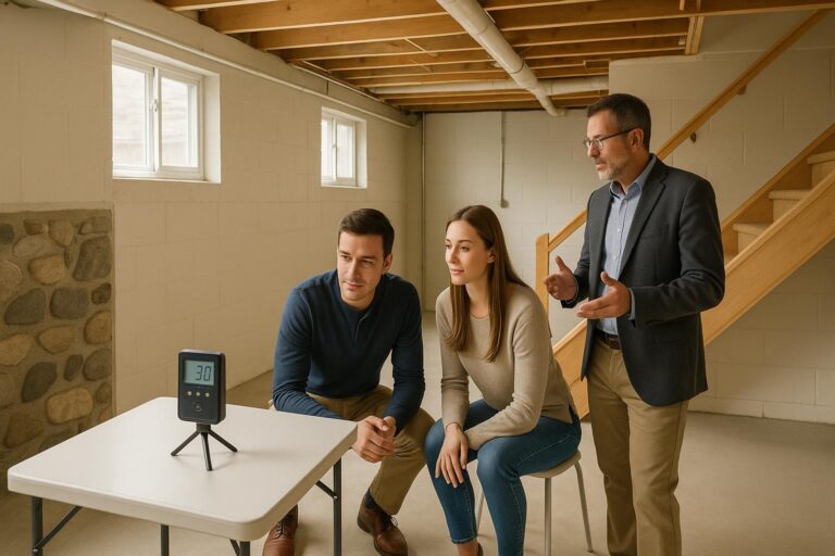 Homebuyer and real estate agent reviewing a radon test device in a bright Grand Rapids basement during a home inspection.