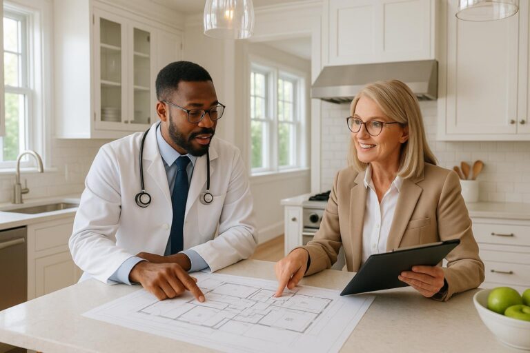 Physician and agent discussing home renovation plans in a bright Grand Rapids kitchen before listing the home for sale.