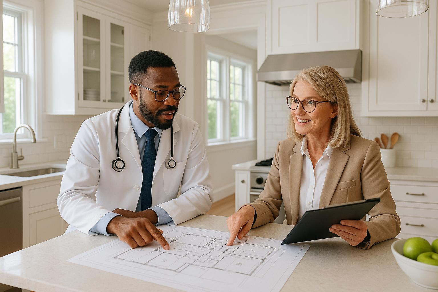 Physician and agent discussing home renovation plans in a bright Grand Rapids kitchen before listing the home for sale.