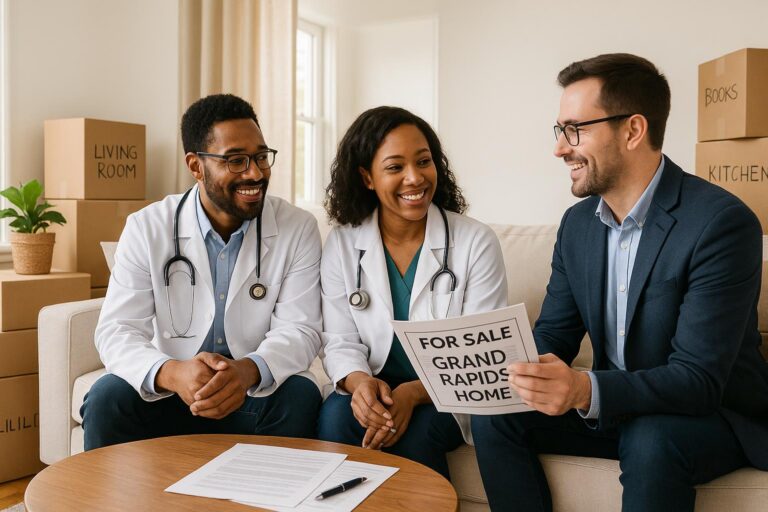 Physician couple and real estate agent discussing sell-before-buying timing in a bright Grand Rapids home with moving boxes visible.