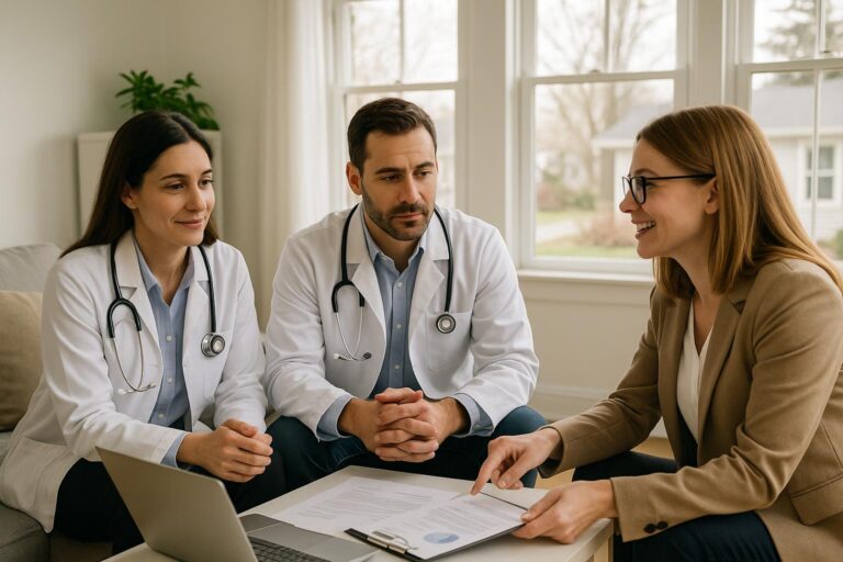 Dual-income physician couple and agent discussing timing and finances for selling and buying a home in a bright Grand Rapids kitchen.