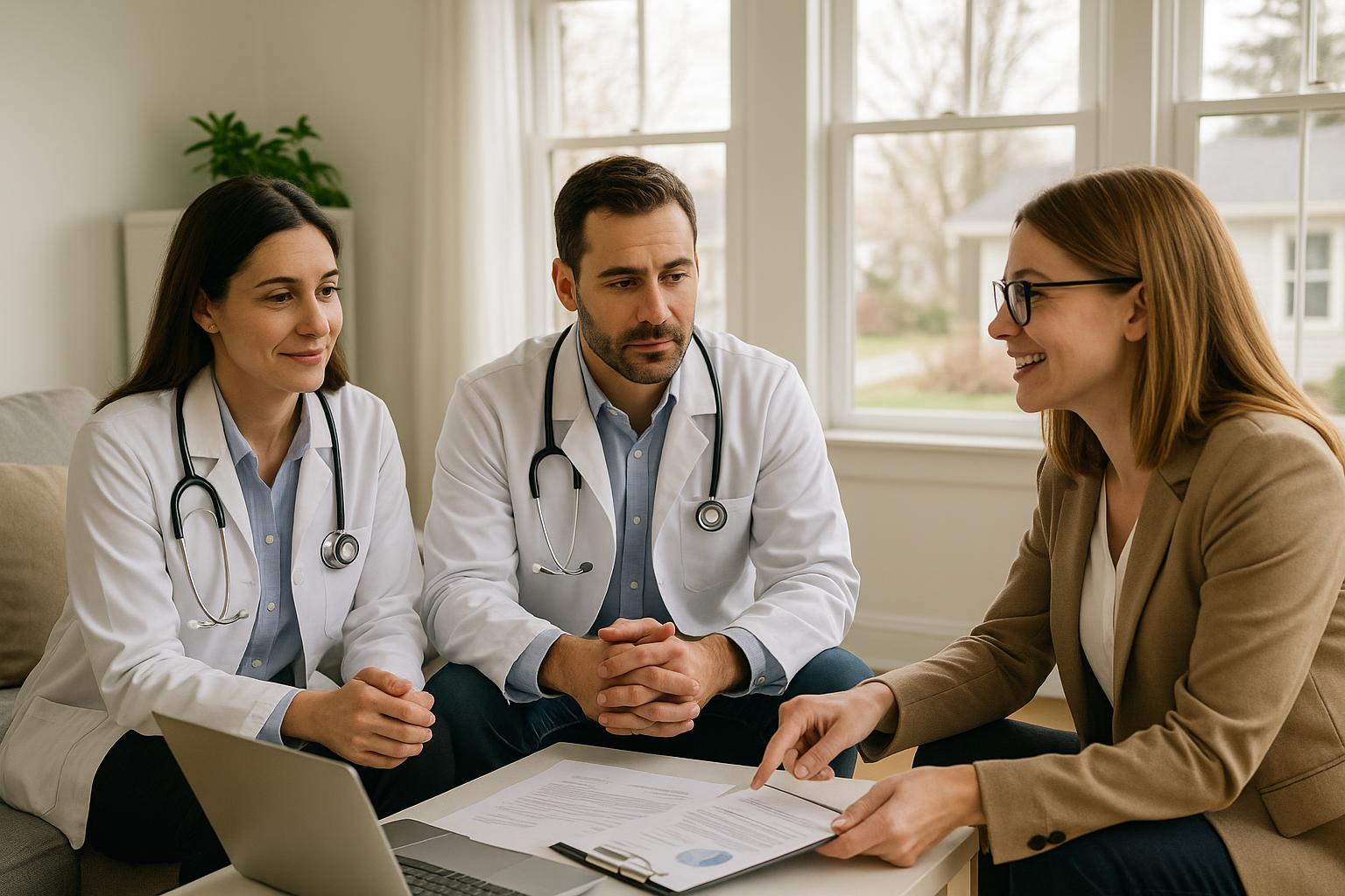 Dual-income physician couple and agent discussing timing and finances for selling and buying a home in a bright Grand Rapids kitchen.