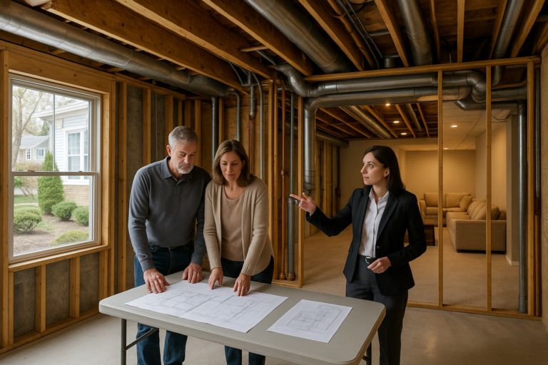 East Grand Rapids homeowners and their agent discuss finishing an unfinished daylight basement, reviewing plans and costs in a classic local home.