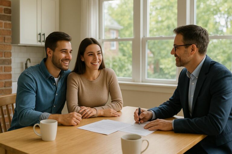 A Grand Rapids homebuyer couple and their agent discussing an offer at a kitchen table with paperwork and coffee mugs, sunlight streaming through a window.