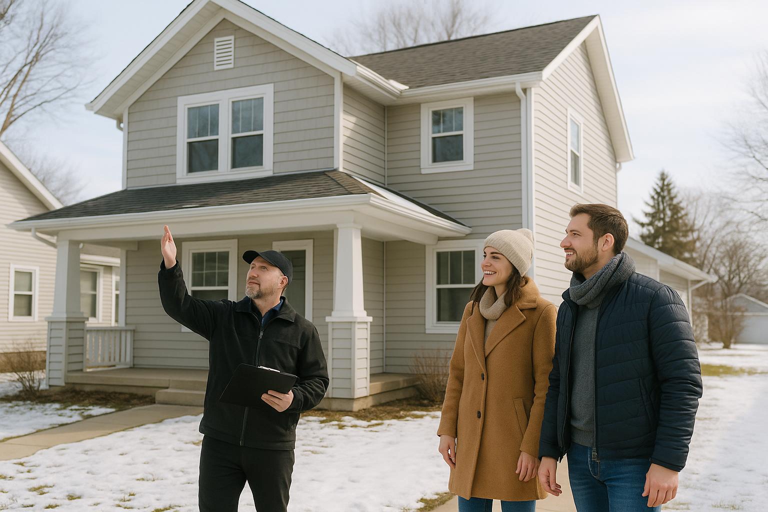 Home inspector and buyers reviewing a Grand Rapids home exterior with snow on the ground during a winter inspection.