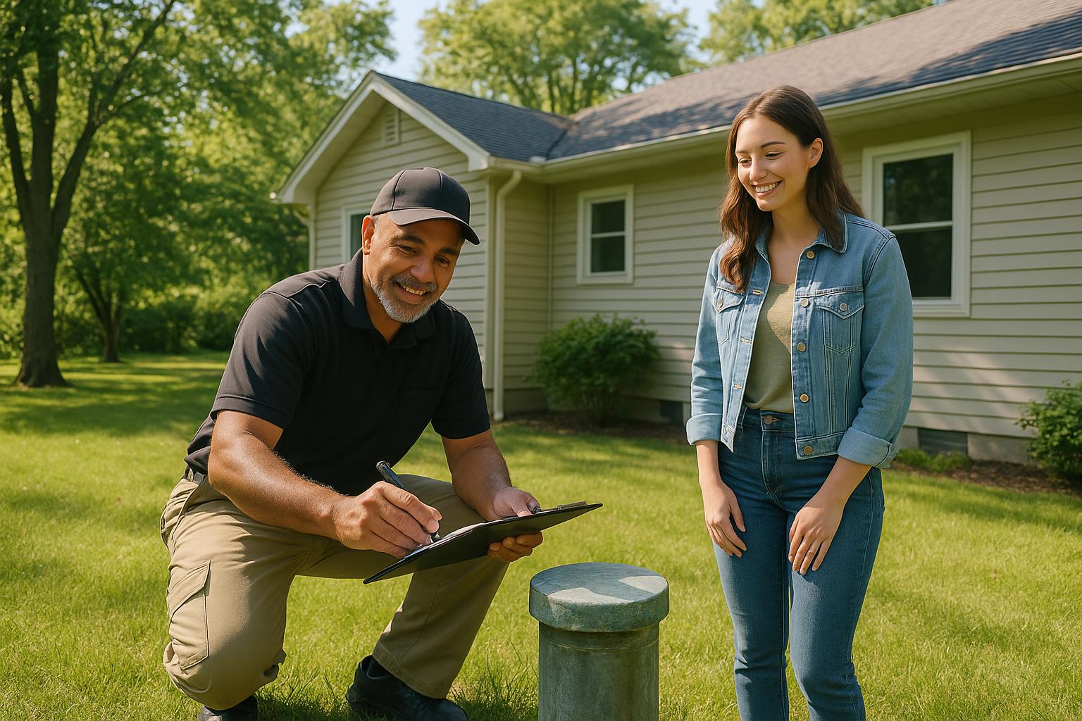 A home inspector and buyer reviewing a well and septic system outside a house in Grand Rapids.