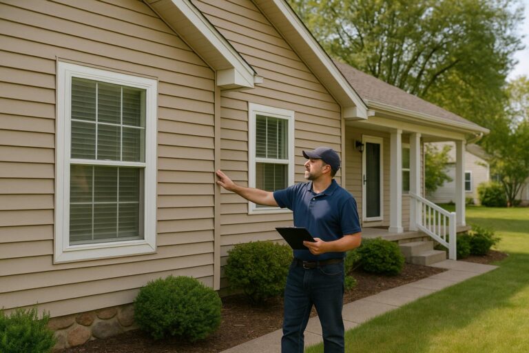 Home Watch professional and contractor coordinating repairs in a bright West Michigan home.