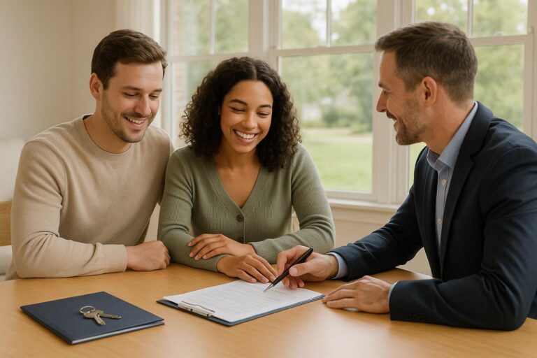 A first-time homebuyer couple sits with a real estate agent at a closing table in a bright Grand Rapids office, reviewing documents and receiving keys.