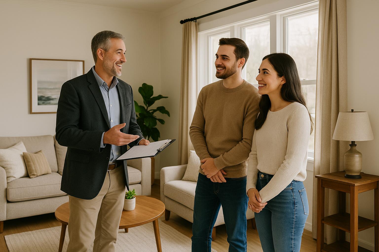 A Grand Rapids appraiser discusses the home’s value with a young couple in a bright living room.