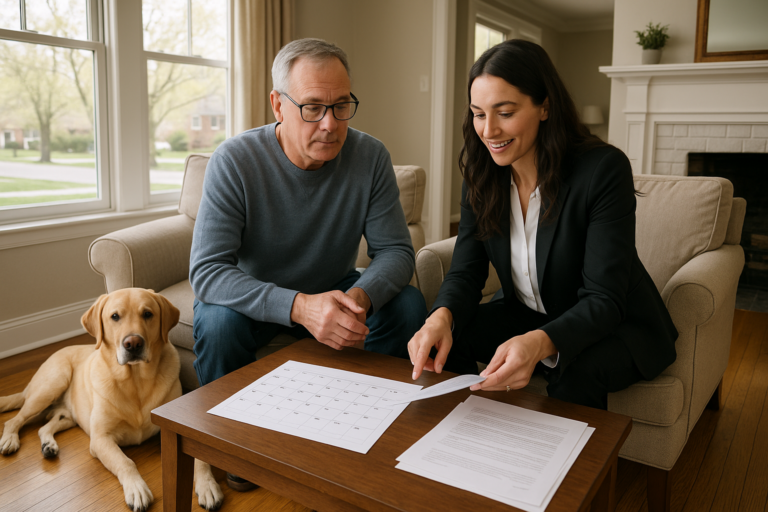 A homeowner and real estate agent sitting in a bright East Grand Rapids living room, looking at a calendar and documents to discuss the best time to list the home.