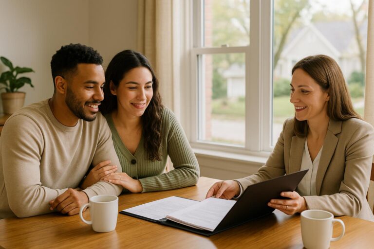 A first-time homebuyer couple and their real estate agent reviewing closing cost paperwork in a bright Grand Rapids home.