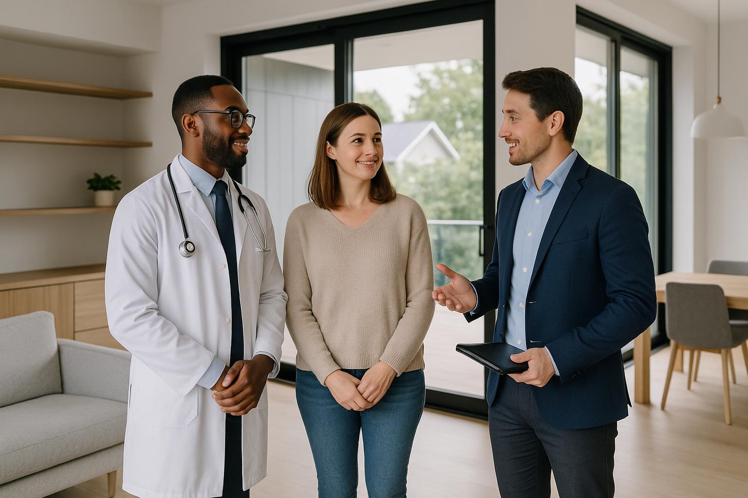 A physician and partner review home-buying documents with a real estate agent in a bright Grand Rapids kitchen.