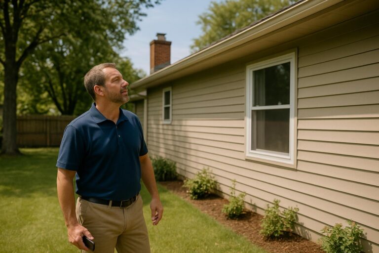 Home Watch professional greeting a contractor at a West Michigan home’s front door during daylight.
