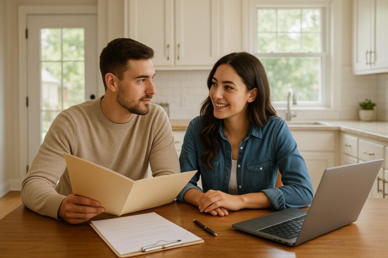 A first-time homebuyer couple in Grand Rapids reviewing paperwork and a laptop together at a bright kitchen table.