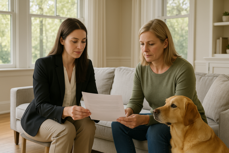 An East Grand Rapids homeowner and real estate agent sitting in a bright living room, calmly reviewing a home appraisal report together.