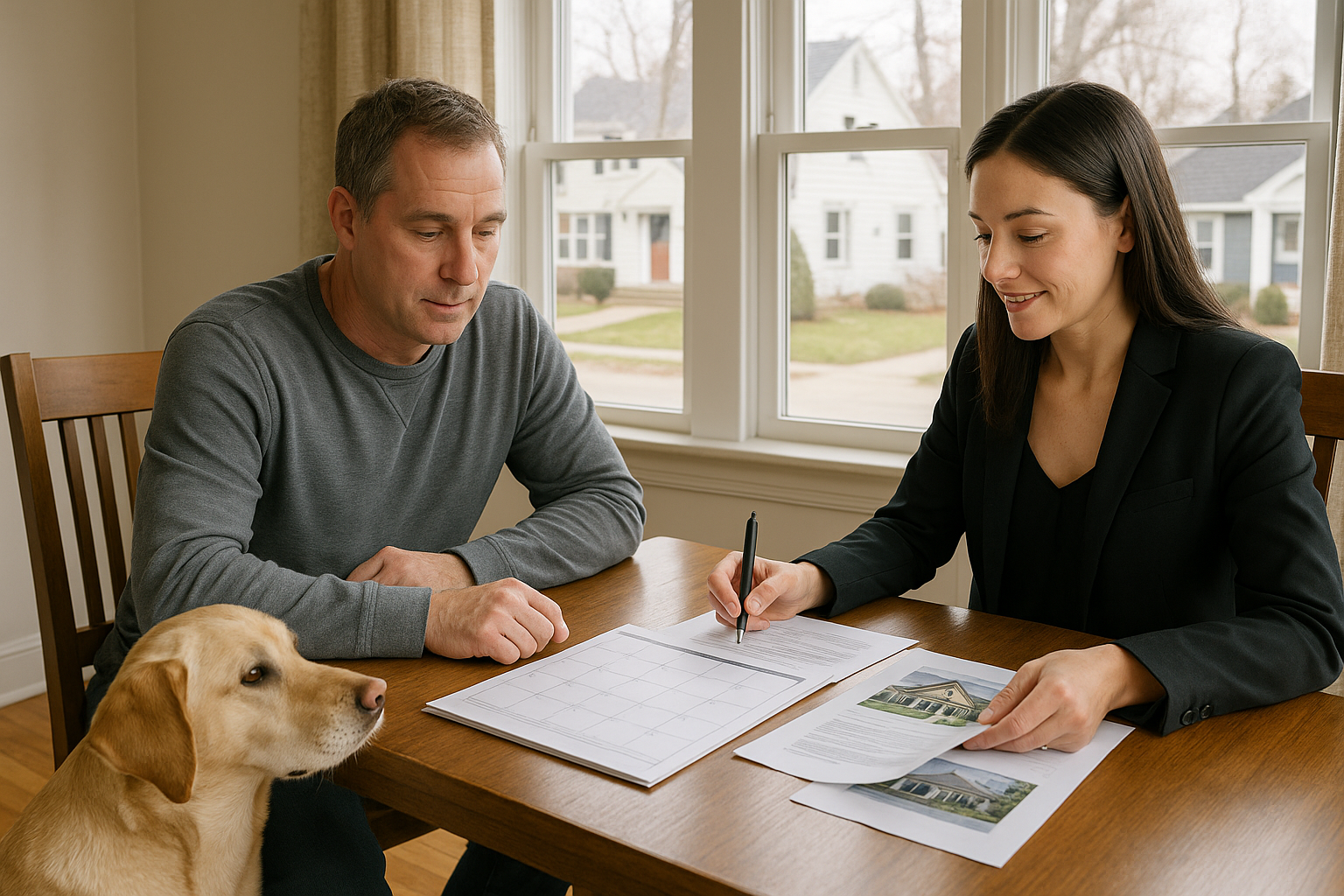 East Grand Rapids homeowner and real estate agent reviewing a calendar and home listing details at a dining table with neighborhood view outside.