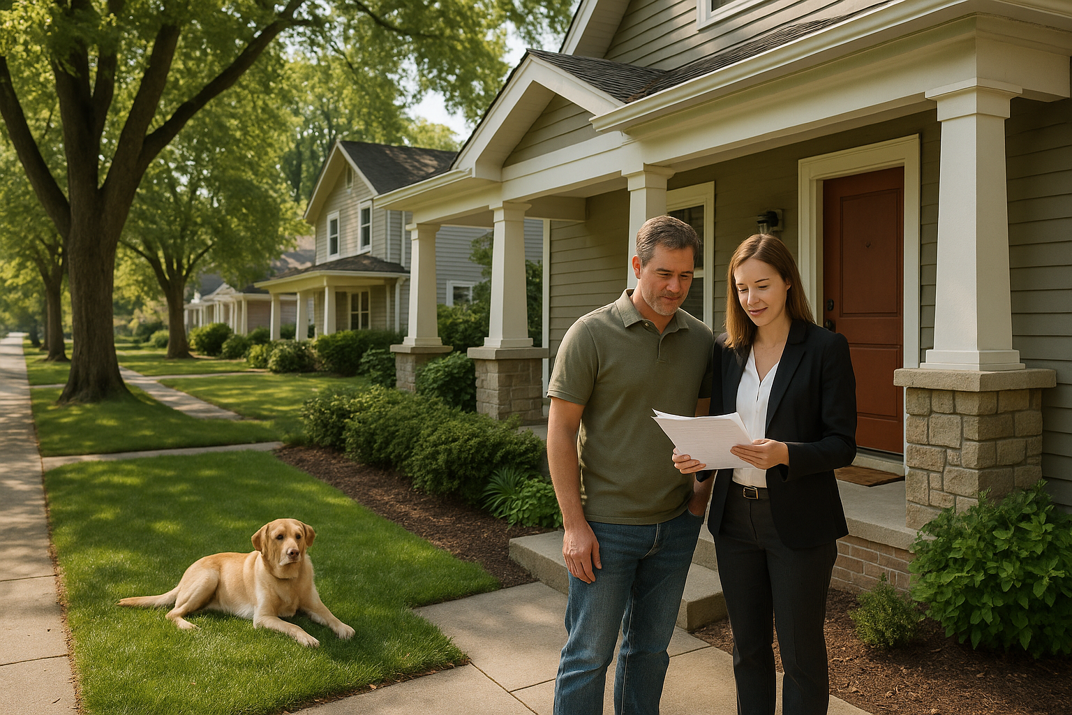 A homeowner and real estate agent discuss school-district demand while standing on the porch of a classic East Grand Rapids home.