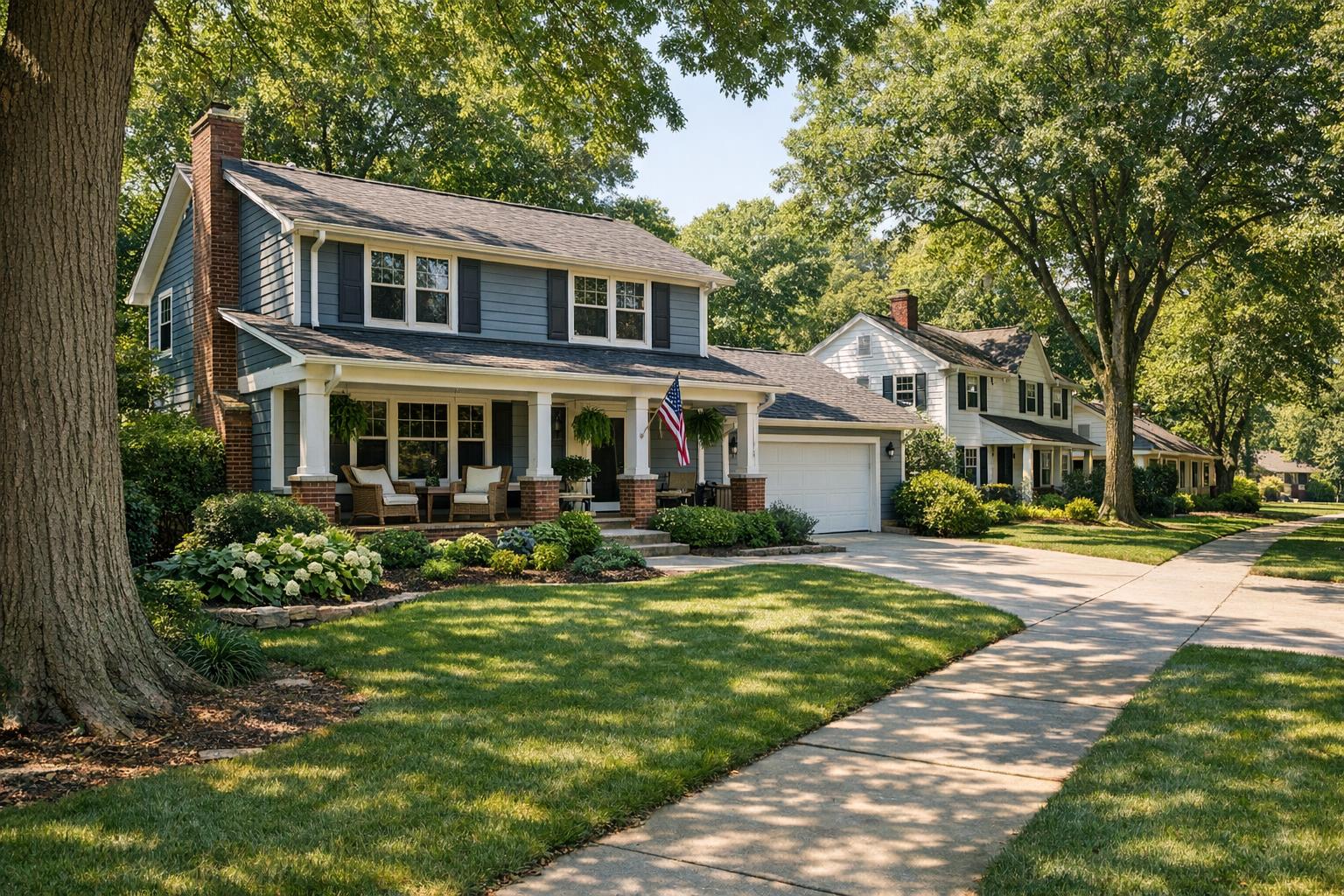 A bright and realistic image of a residential area in East Grand Rapids, featuring mature trees, well-maintained homes, and a clean street.