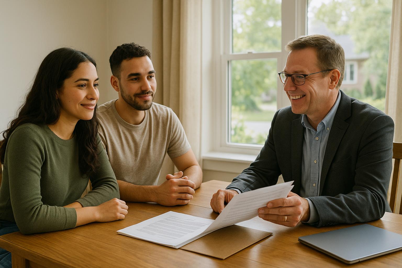 A first-time homebuyer couple sits at a dining table with a real estate agent in a bright Grand Rapids home, reviewing homebuying materials together.