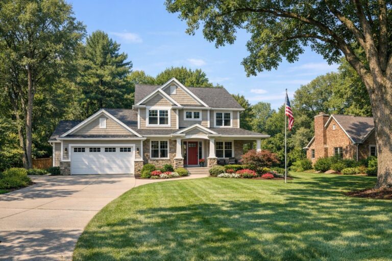 A scenic view of a residential street in Forest Hills, Michigan, showcasing established homes and mature landscaping.