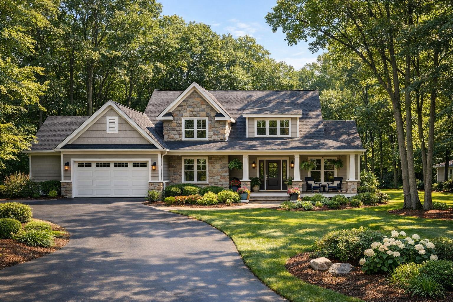 A charming residential street in Forest Hills, Michigan, featuring well-maintained homes and mature landscaping.