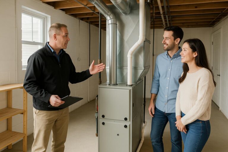A home inspector discusses furnace age with buyers in a bright Grand Rapids basement.