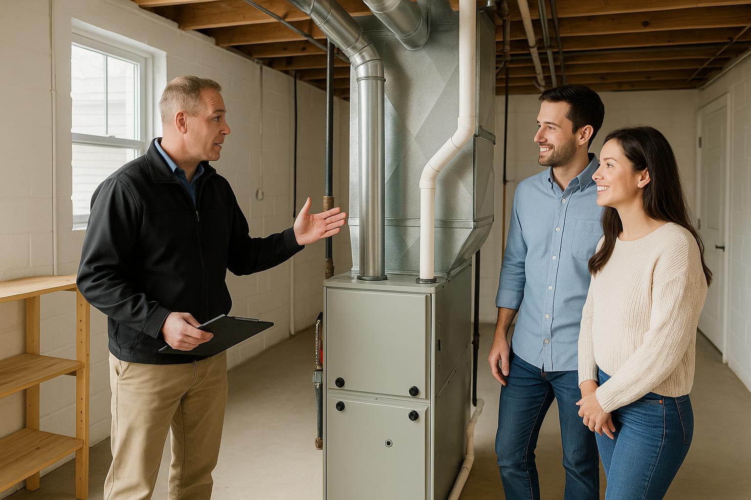 A home inspector discusses furnace age with buyers in a bright Grand Rapids basement.