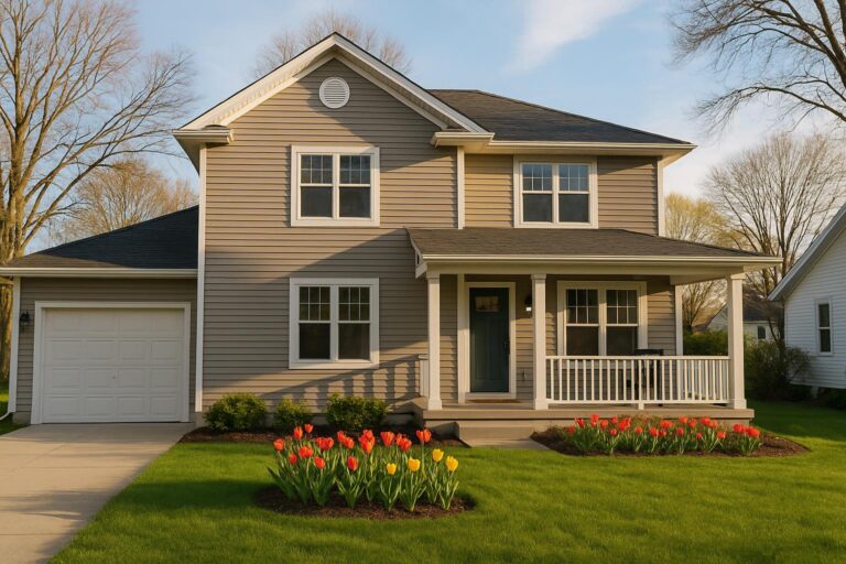 A bright, realistic photo of a Grand Rapids home in early spring with blooming flowers and a tidy lawn.