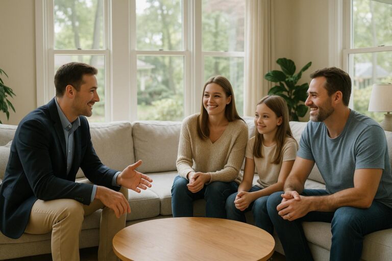 A Forest Hills family discusses their home sale timeline with a local agent in a bright living room.