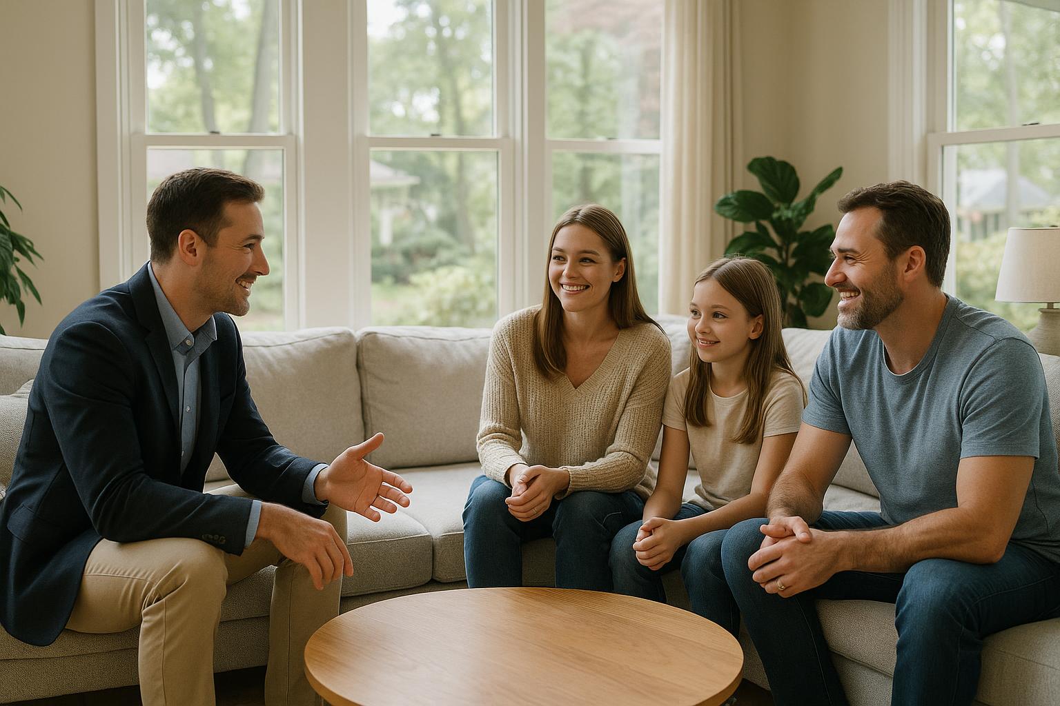 A Forest Hills family discusses their home sale timeline with a local agent in a bright living room.