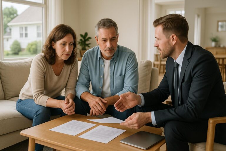 Two Grand Rapids homeowners and a real estate agent discuss a delayed closing in a bright living room.