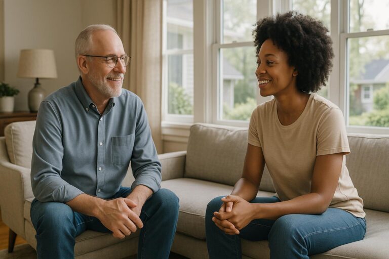 A Grand Rapids homeowner and tenant talking in a bright, welcoming living room.