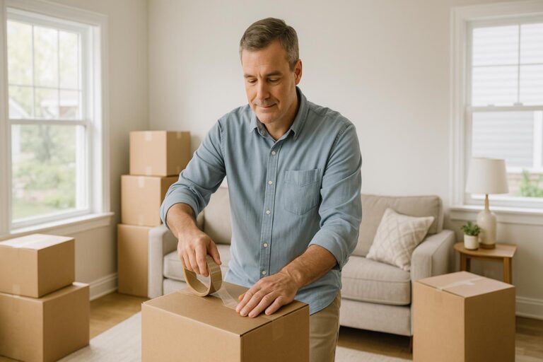 A middle-aged Grand Rapids homeowner packing moving boxes in a bright living room.