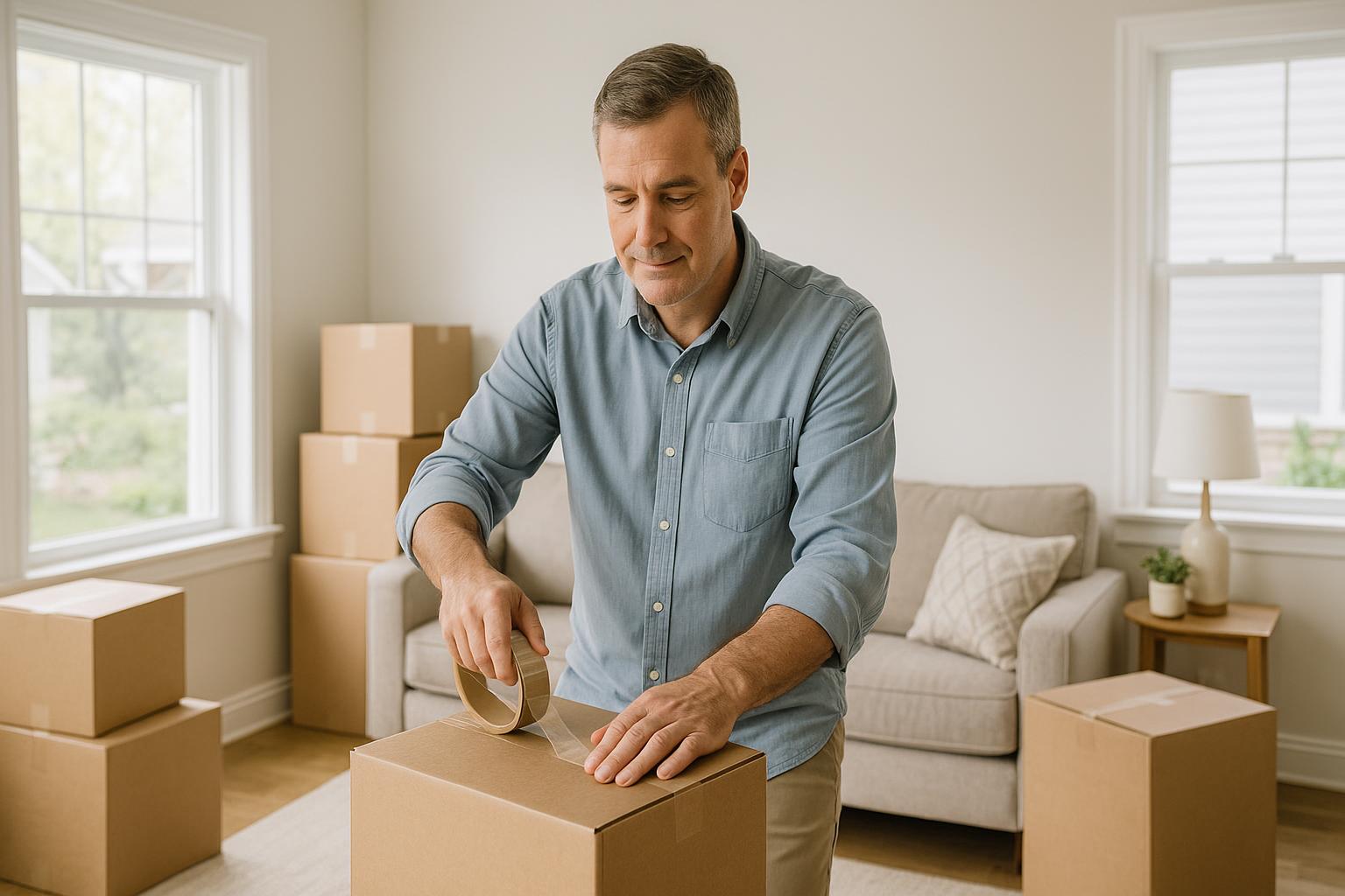 A middle-aged Grand Rapids homeowner packing moving boxes in a bright living room.