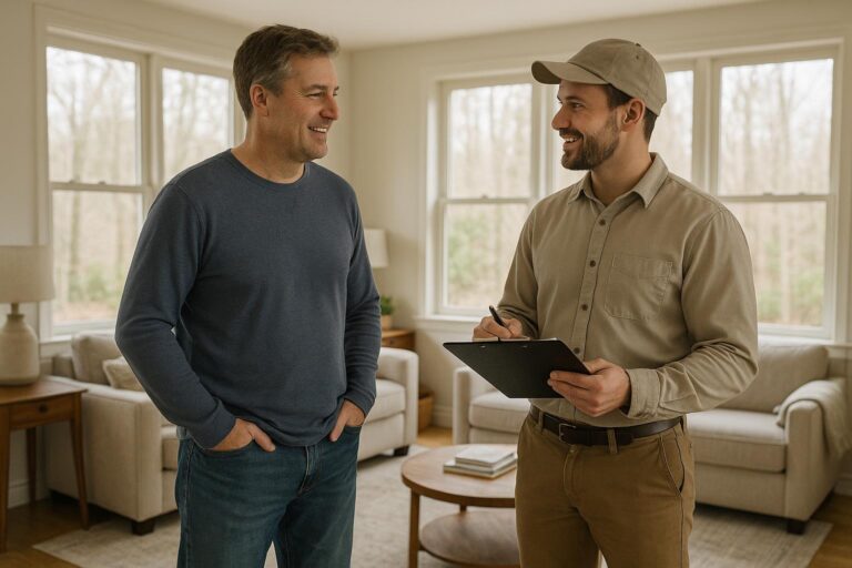 A Forest Hills homeowner and a professional home inspector having a candid discussion in a naturally lit living room.