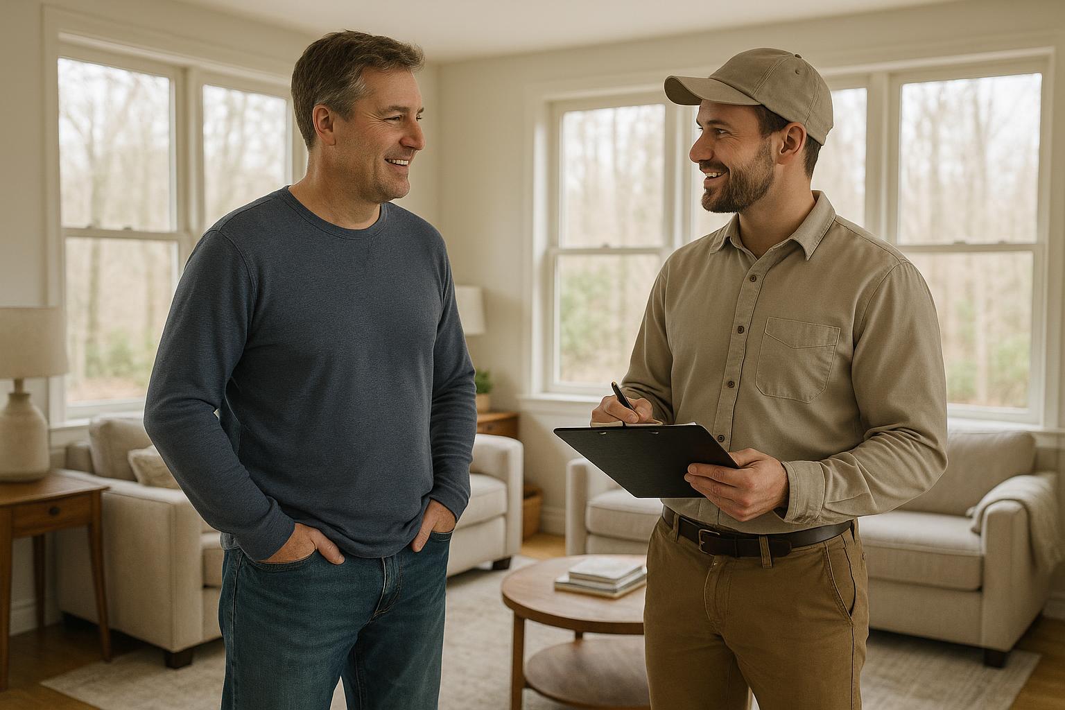 A Forest Hills homeowner and a professional home inspector having a candid discussion in a naturally lit living room.