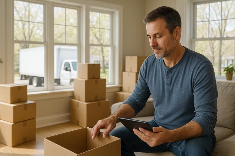 A Grand Rapids homeowner packing moving boxes in a sunlit living room with a moving truck outside during spring.