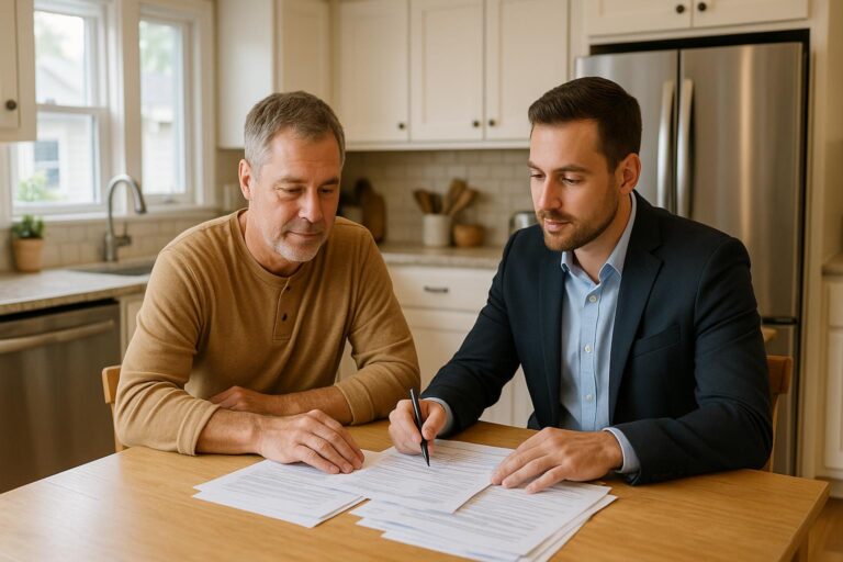 A Grand Rapids homeowner and agent discussing inspection repair requests at a kitchen table
