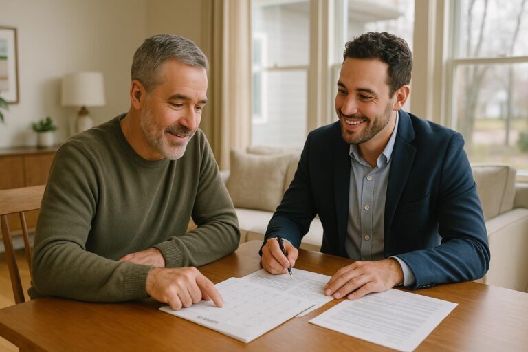 A Grand Rapids homeowner and real estate agent review a calendar together at a dining table in a bright, welcoming living room.